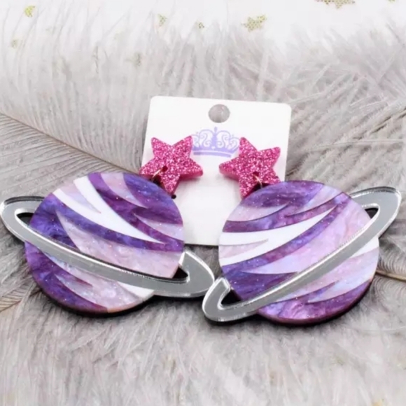 EARRINGS OVERSIZED ACRYLIC COME FROM FRANCE PURPLE 👽🛸🪐 - Picture 2 of 2